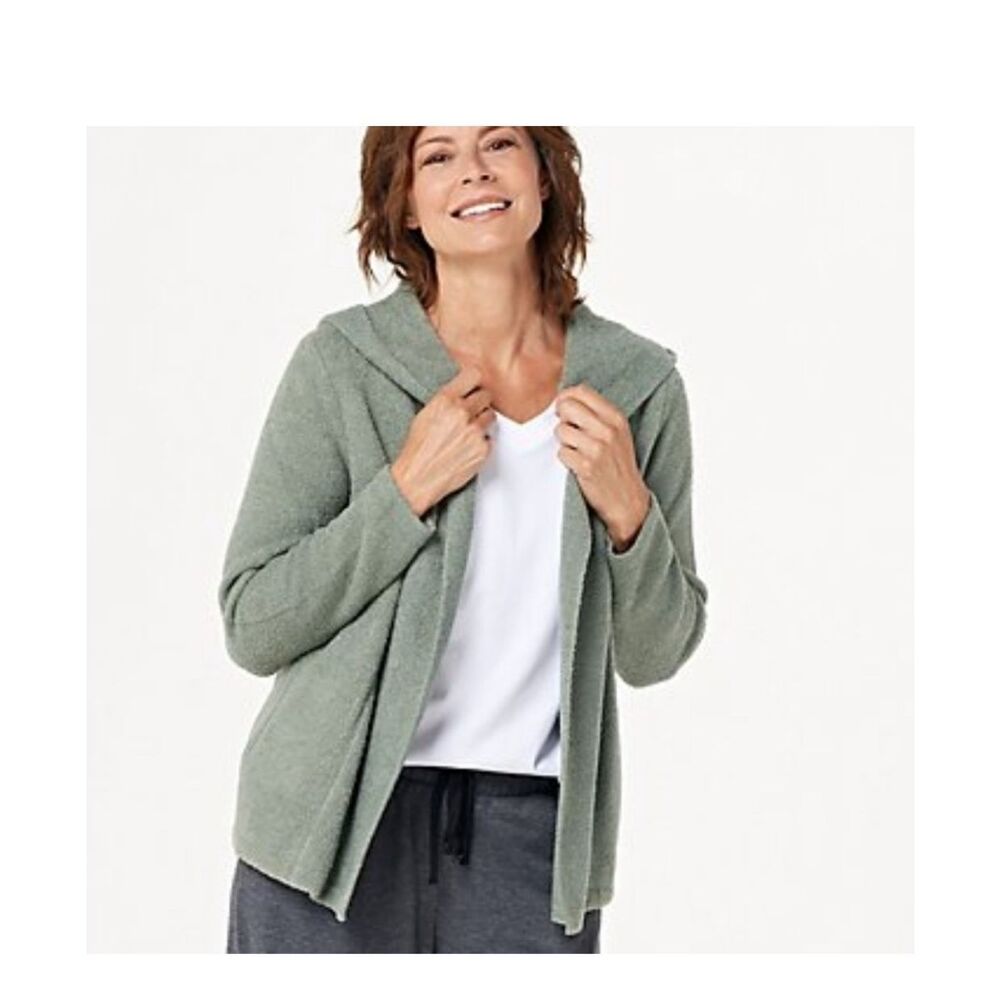 Barefoot Dreams Cozychic Light Hooded Open Front Cardigan Pale Moss Green size X